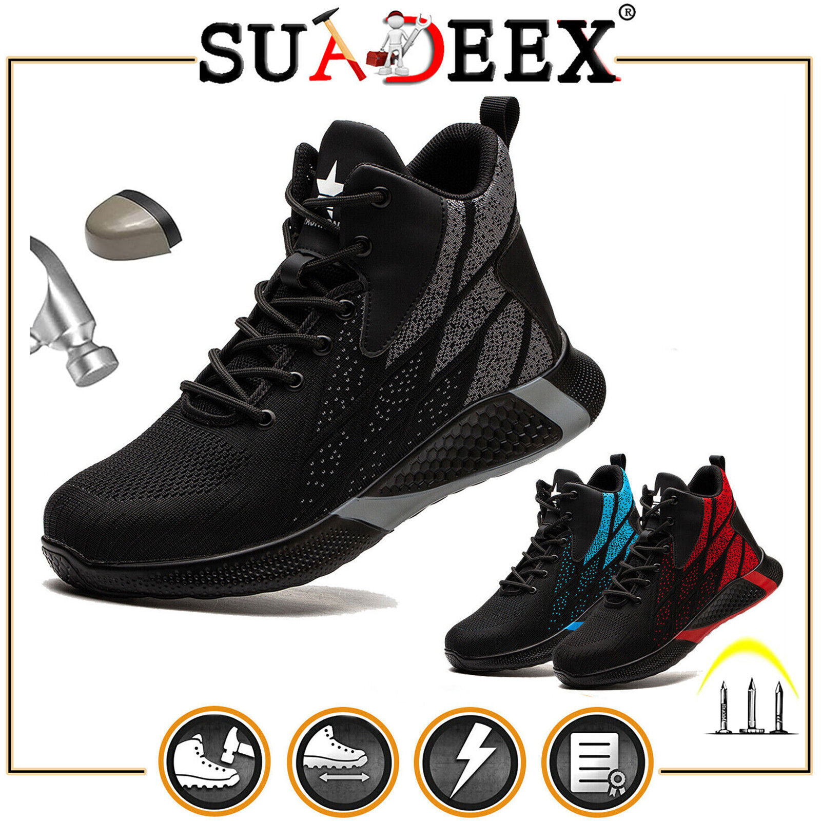 SUADEEX 8808 男款高筒鋼頭防穿防滑工作安全靴 繫帶耐用工業建築鞋